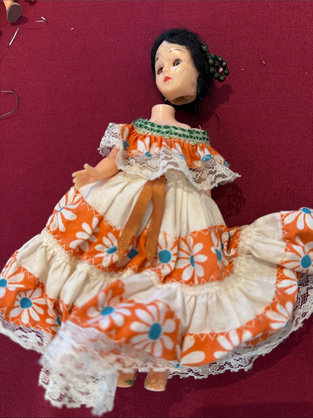 Orange Floral Ruffle Doll Dress with Lace Trim